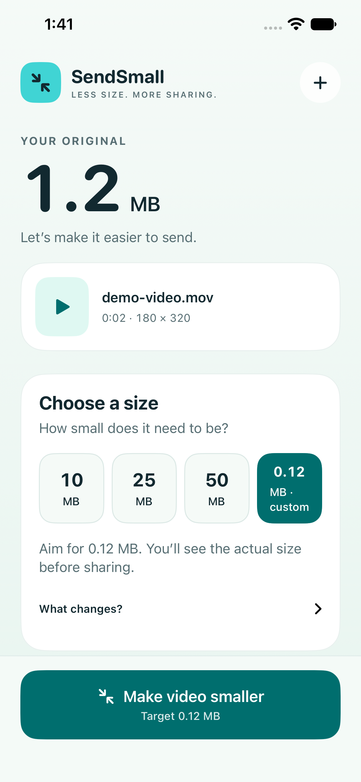 SendSmall main screen with a synthetic 1.2 MB video and confirmed 0.12 MB custom target