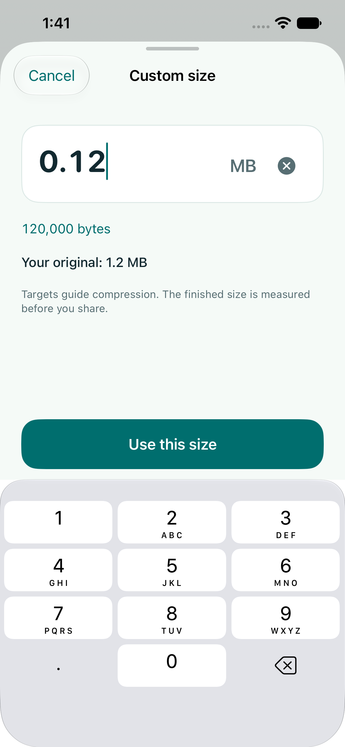 SendSmall custom size form with visible keyboard showing 0.12 MB and 120,000 bytes