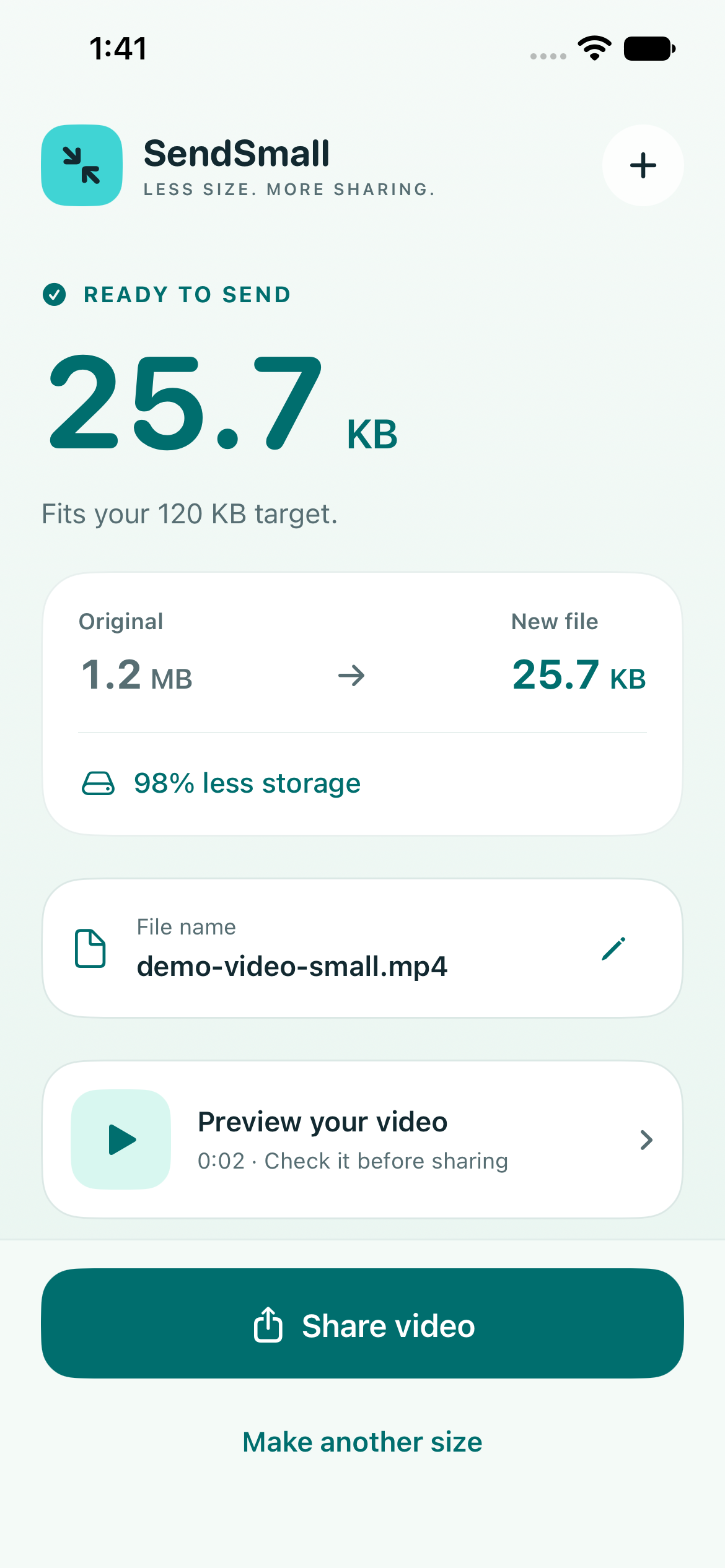 SendSmall measured result of 25.7 KB from a synthetic 1.2 MB test video with a 120 KB target