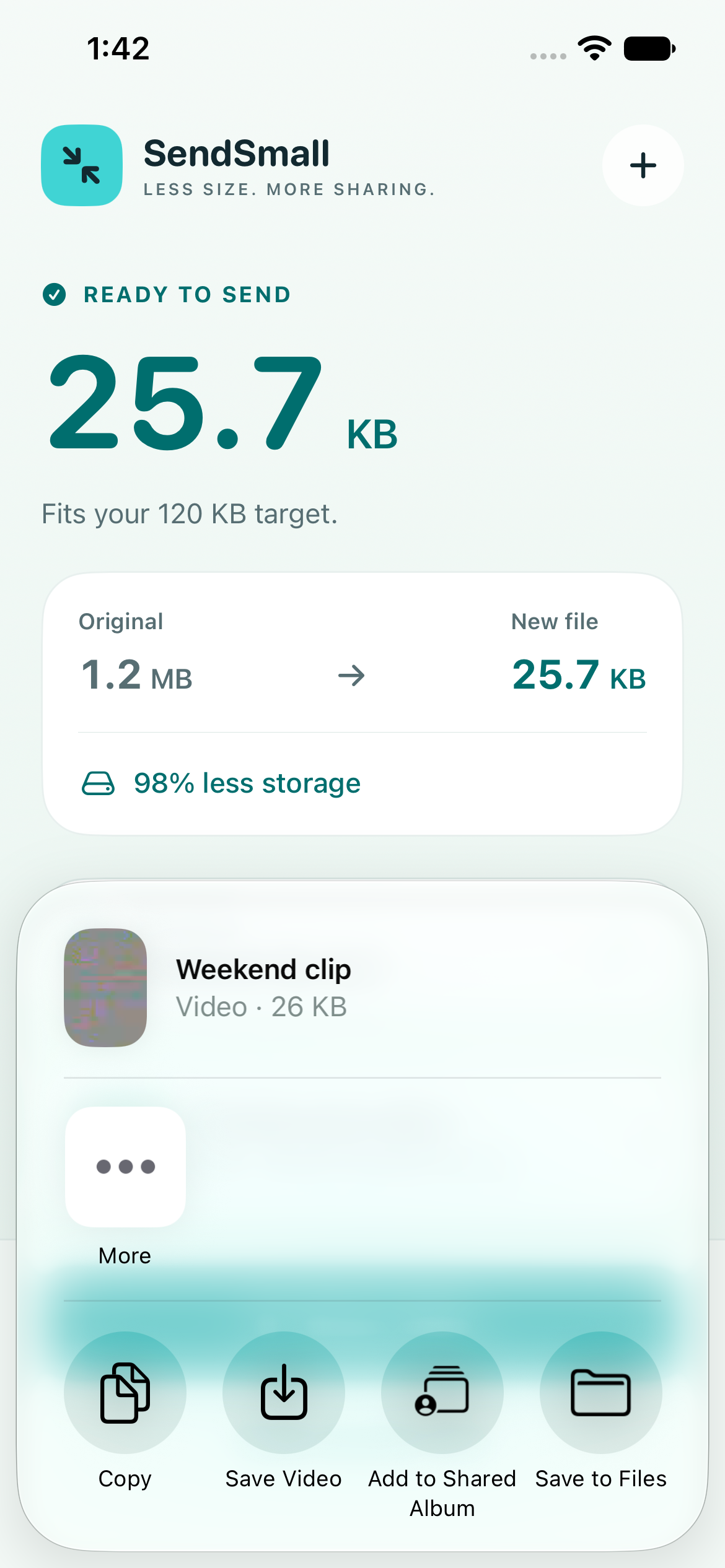 Native share sheet for the Weekend clip video showing Copy, Save Video and Save to Files